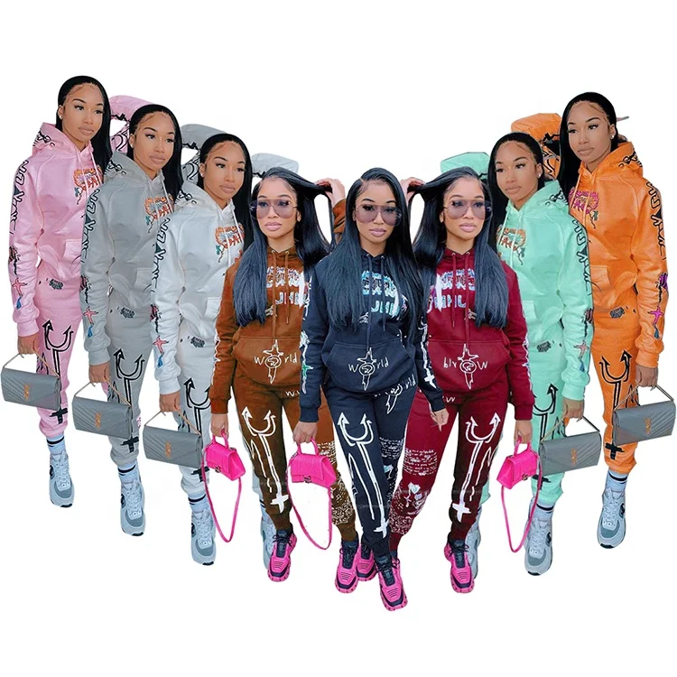 

Floral Printed Sweatshirts Casual Jogger Tracksuits Hoodie Womans 2 Piece Set Winter, Brown / gray / orange / white / black / green / pink / wine red