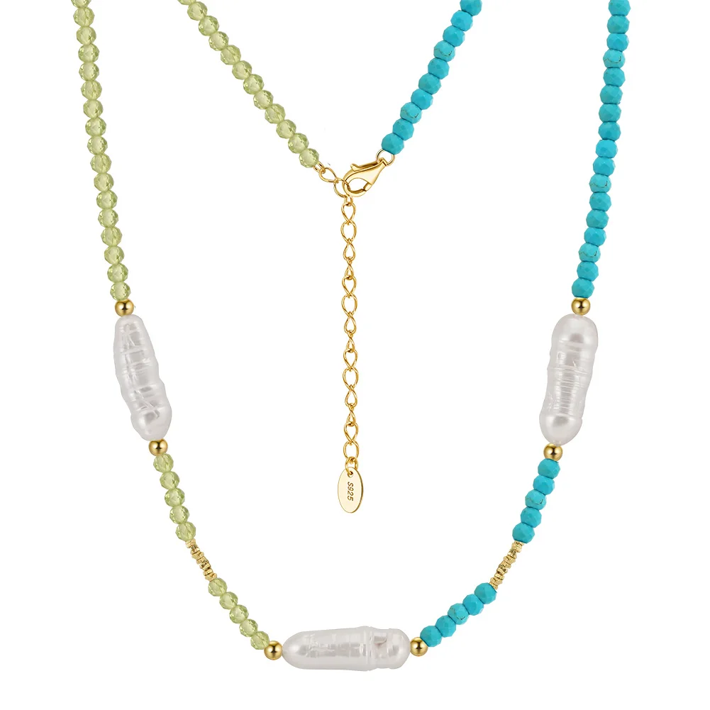MPN09 Natural Freshwater Pearl Turquoise Peridot Bohemian Beaded Choker Necklace Pearl Necklace Boho Beach Jewelry for Women