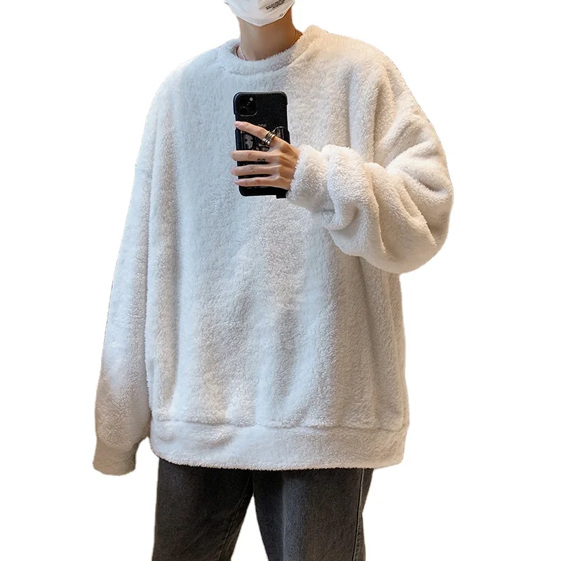

Korea Style Men'S Streetwear Sweatshirts Loose Lamb Wool Super Soft Solid Color Winter Long Sleeve Sweatshirt Plus Size, As above