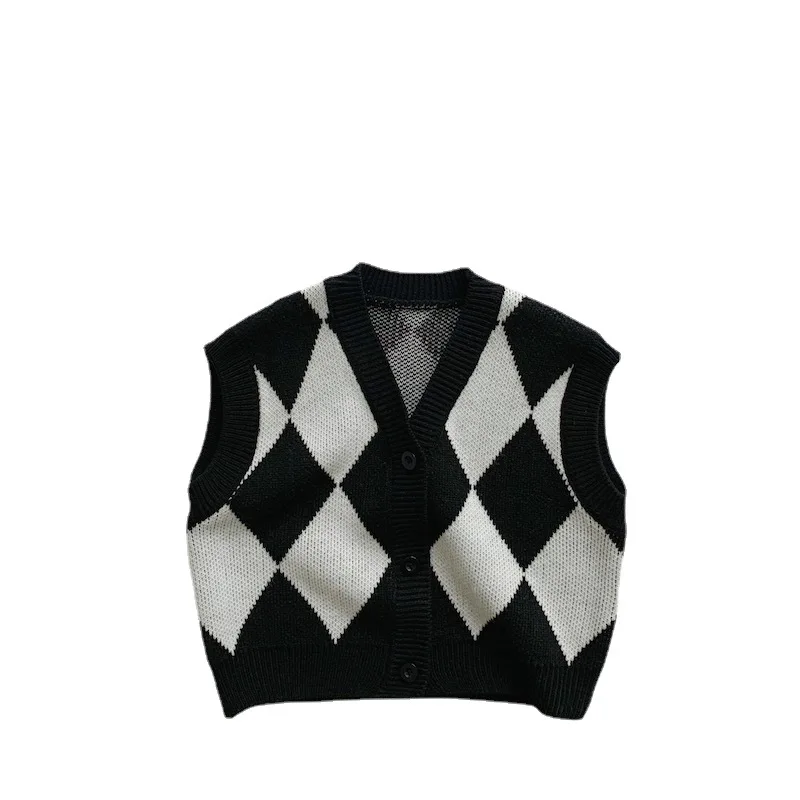 

Spring 2022 Korean Loose Matching V-neck Pullovers Black And White Check Vests For Boys And Girls, Customized color