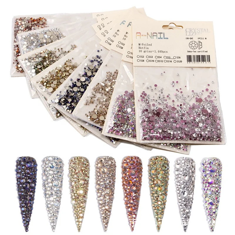 

Hot sale products Multicolor Flatback Nail Art Crystal 3D Rhinestones Shiny Mixed Sizes AB Glass Nails Decoration wholesale, 8 colors