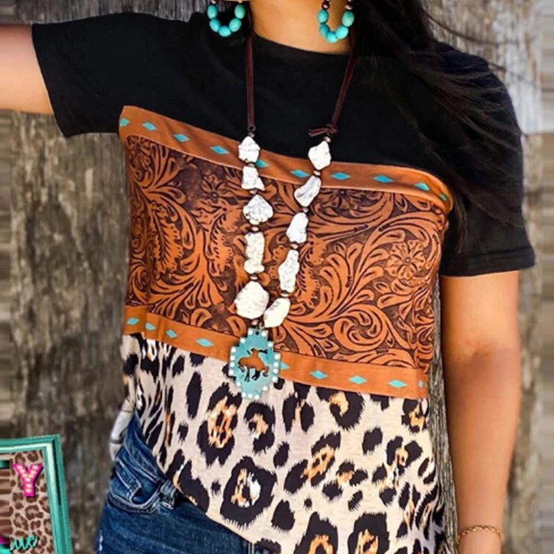 

Leopard Buckstitch Color Block T-Shirt Tee, Picture color