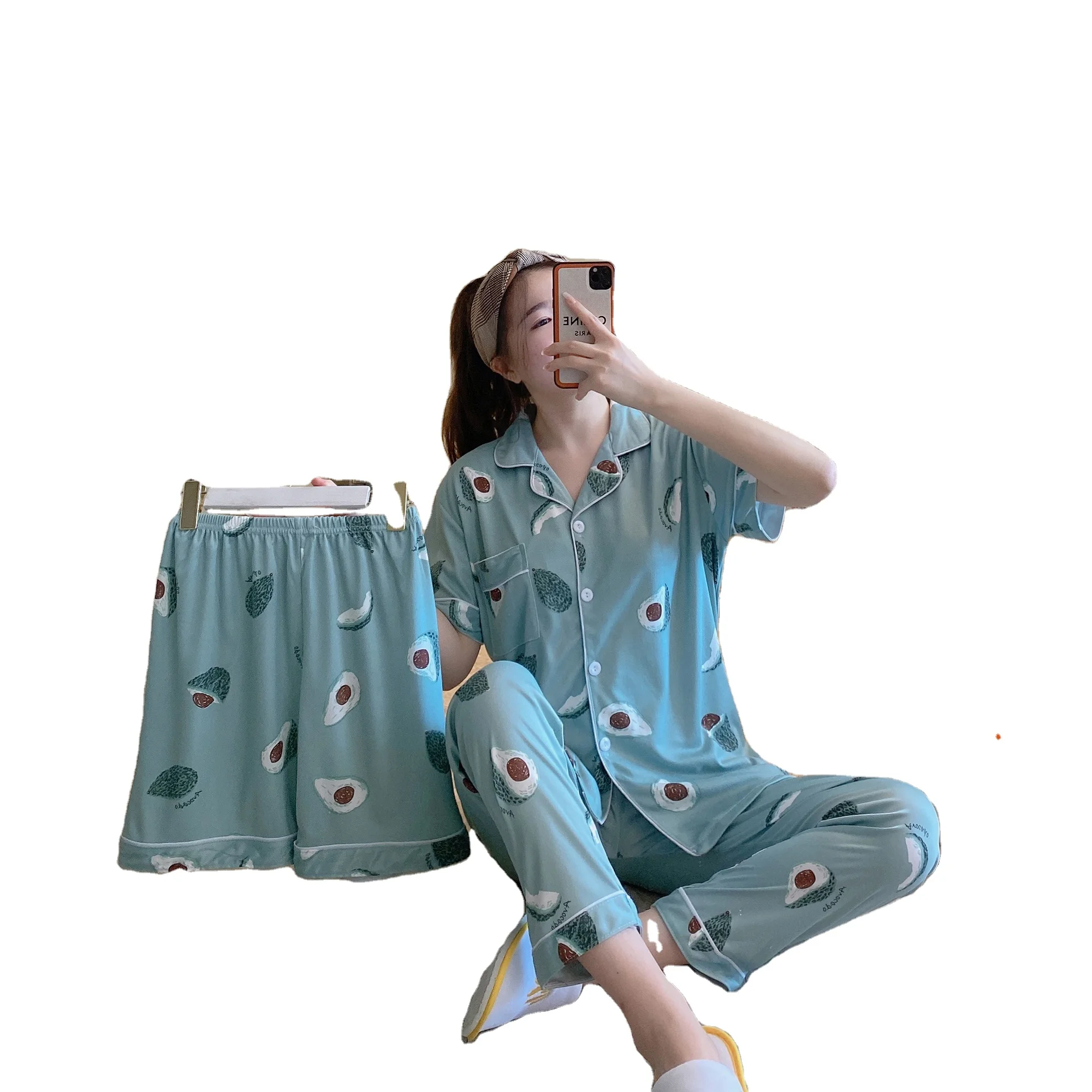 

Korean New Lounge Wear Pillamas 3 Pieces Nightwear Girls Pyjama Fille Pijama Femme Silk Pajama Set Women Sleepwear Home For Lady, Picture shows