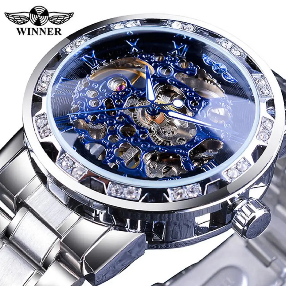 

Winner Blue Watches Diamond Design Skeleton Men's Mechanical Wrist Watches Clock Male Luminous Hands Silver Stainless Steel, 15-colors