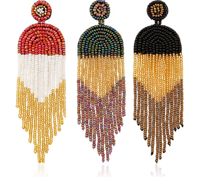 Native American Beaded Tassel Earrings with Fringe Seed Bead Boho for Women Long Dangle Beads Jewelry