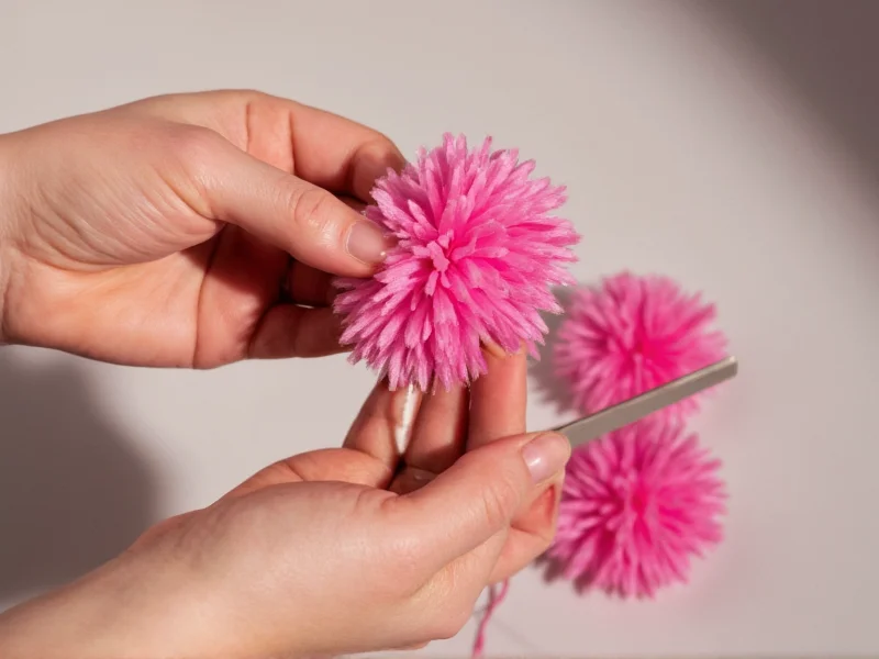 Close-up of hands shaping fluffy pom poms with scissors