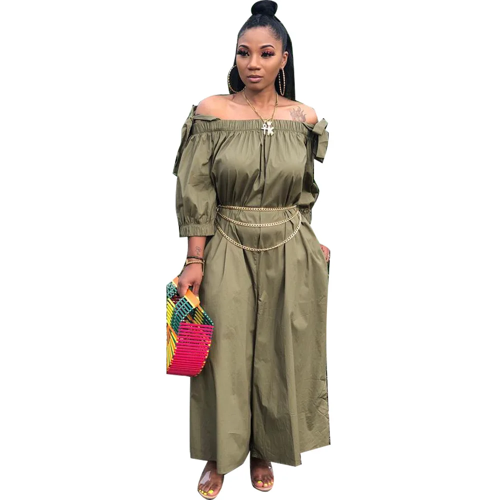 

2021 New Arrivals Autumn Fashion Women Casual Off Shoulder 3/4 Sleeve Wide Leg Pants Solid Loose Jumpsuit, Picture show