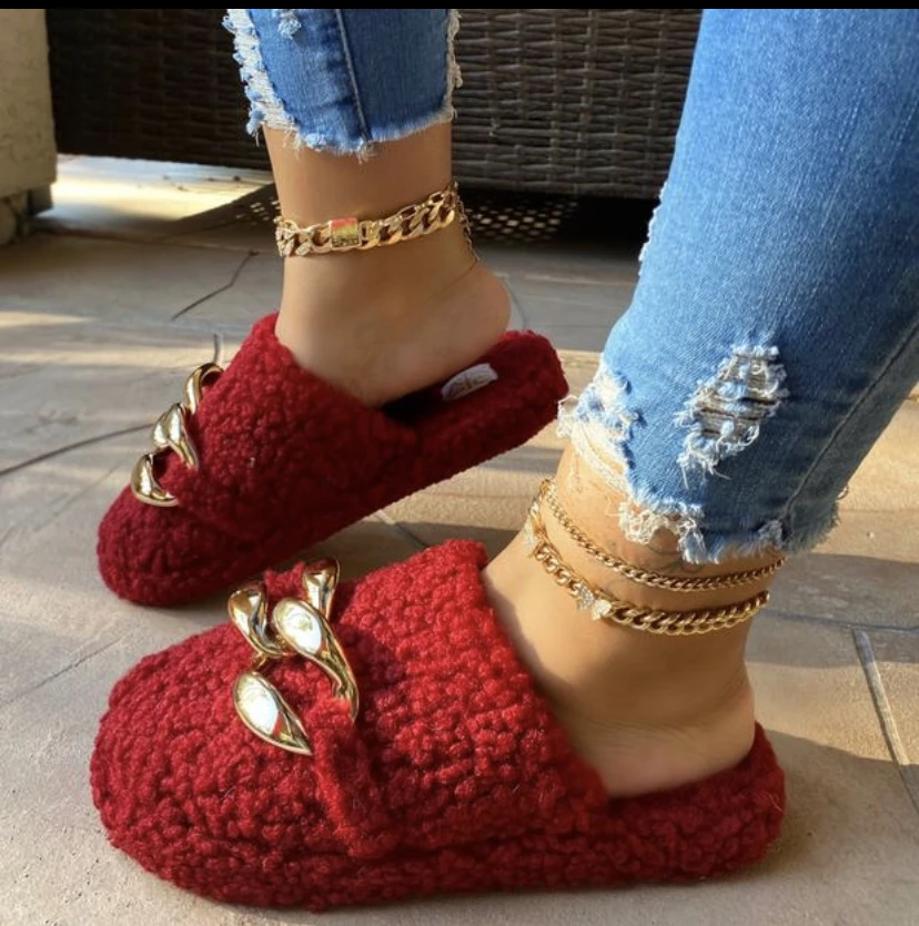 

Cheap Ladies Summer House Sandals Fluffy Metal Gold Winter Flat Lambswool Women Bedroom Fur Slippers