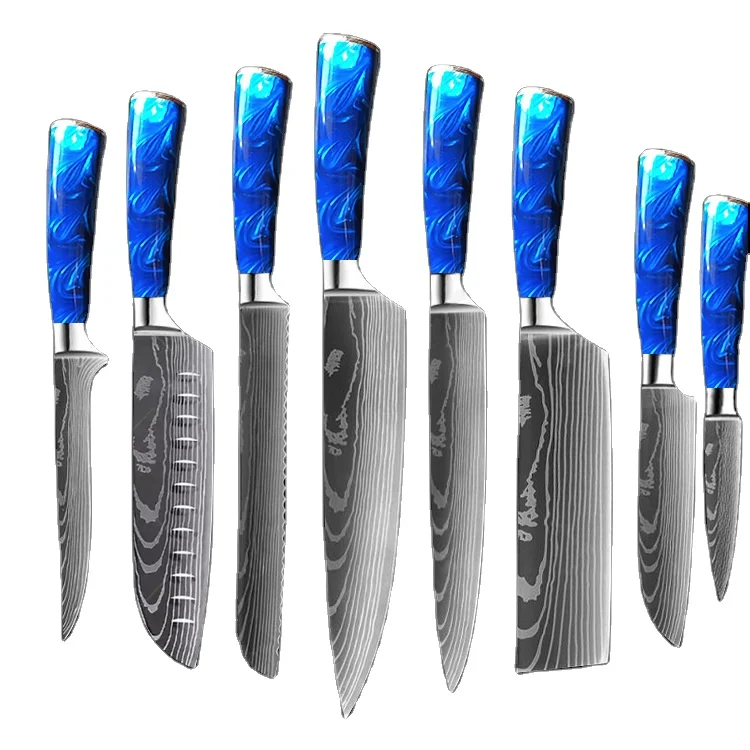 

8pcs Damascus Pattern Stainless Steel Color Handle Kitchen Chef Santoku Slicing Bread Cleaver Butcher Utility Paring Knife Set