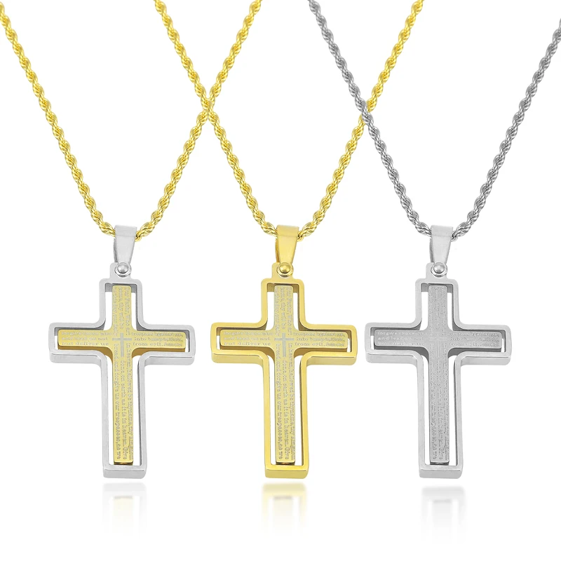 

High Grade Silver Gold Color Christian Religious Gift Hot Sale Simple Classic Stainless Steel Cross Pendant With Chain, Gold/rose gold/ black/steel