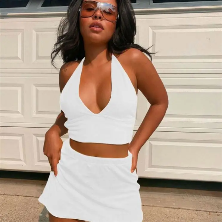

MISSMOEN New Trendy Solid Crop Top Sleeveless Summer 2021 Sexy Woman Short 2 Piece Skirt Set