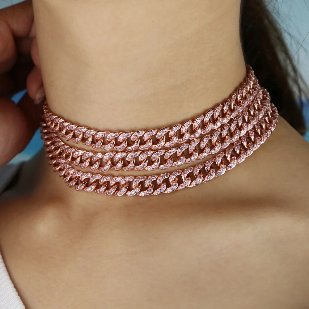 

PINK girl women jewelry micro pave pink cz miami cuban link chain choker necklace female hip hop jewelry fashion