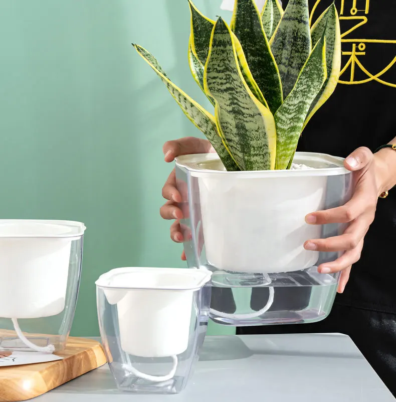 

Wholesale Self Watering Planter Flowerpot Transparent Indoor Plastic Lazy Flower Pot