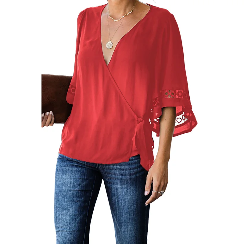 

Women V Neck Fashion Half Sleeve Crochet Trim Wrap Blouse, Customized