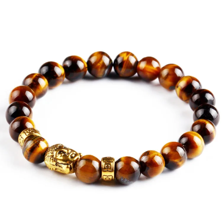 

Buddha Head Charm Bracelet Men Classic Elastic Bracelet Jewelry For Homme Natural Royal Gold Tiger Eye Bangle, As picture