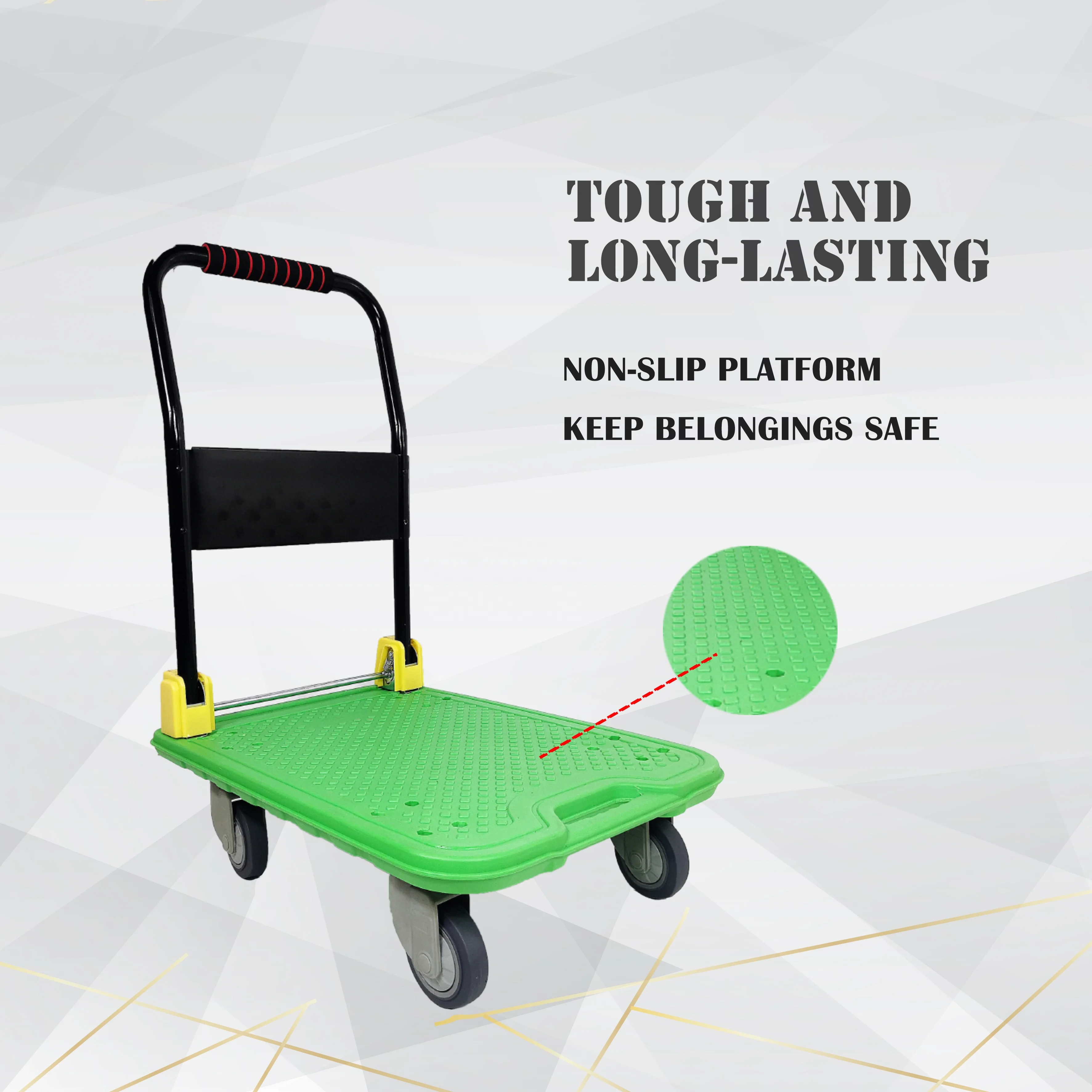 Durable Push Hand Trolley with 4 TPR Swivel Bearing Plastic Wheels  660 Lbs Capacity Green Folding Platform Truck Flatbed Cart