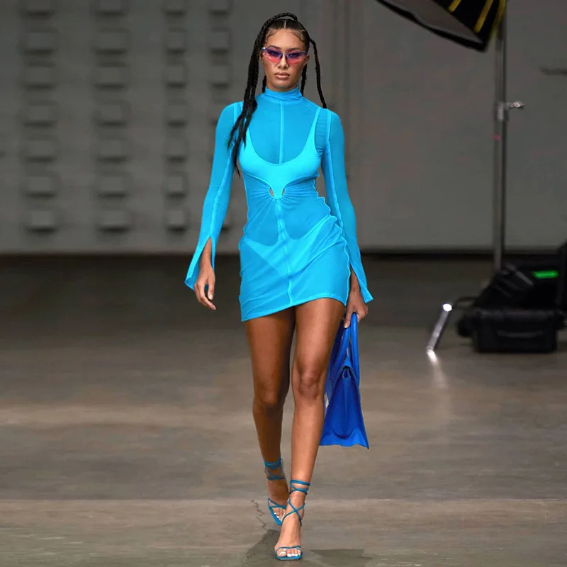 

Free Shipping R02015 - Sexy Bodycon Mesh Patchwork Long Sleeve Dress Women