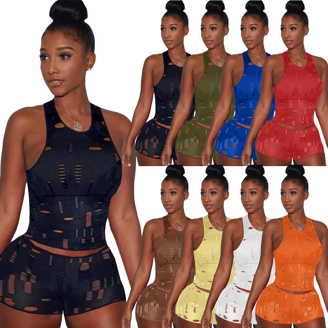 

New Arrival Summer Knitted 2pc set mesh holes sexy 2 piece mesh set women sleeveless two piece short set, Picture color