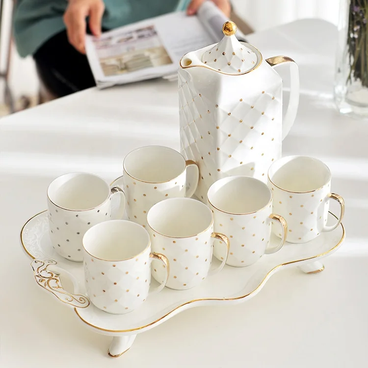 

2021 New Luxury Gold Rim 8Pcs Porcelain Coffee Tea Sets With Gold Decor Design Ceramic Tea Pot And Cup Set, Gold/platinum
