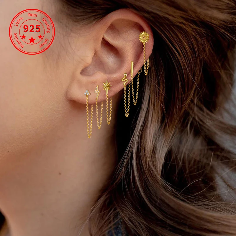 

Gold Platinum Color Lightning/Snake Chain Stud Earrings for Women 925 Sterling Silver Tassel Earrings Fashion Jewelry, Platinum,gold