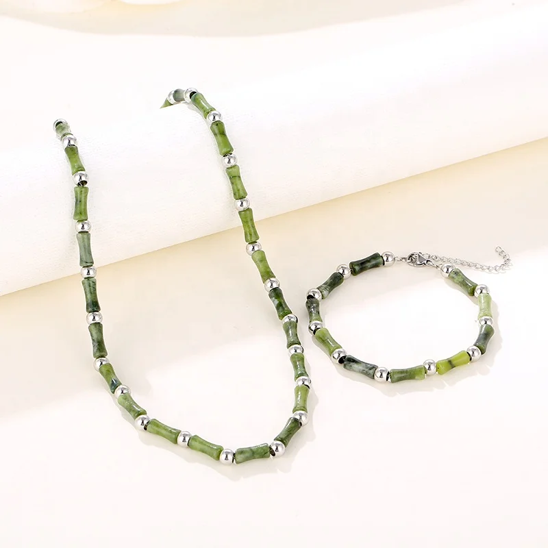 

New Arrival Chinese Style Jewelry Set Stainless Steel Bead Natural Stone Bamboo Shape Design Necklace Bracelet Set