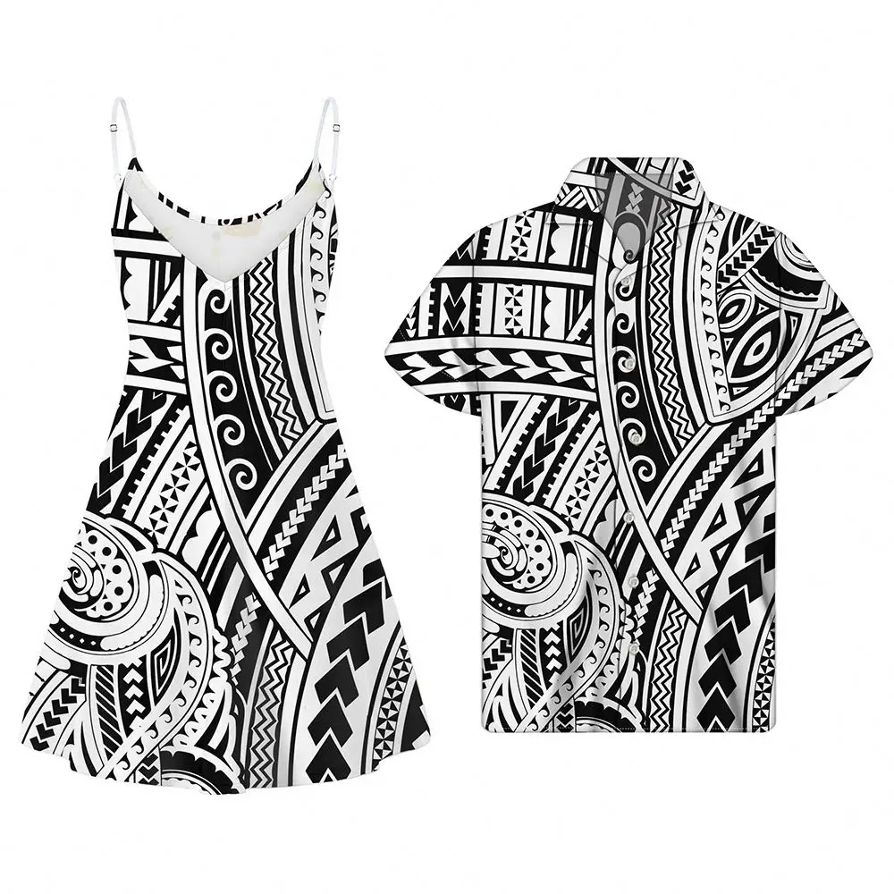 

Summer Floral Dresses Women Hawaii Samoa Tribal Black & White Pattern Women Sexy Dress Slip A-Line Couples Matching Clothes, Customized color