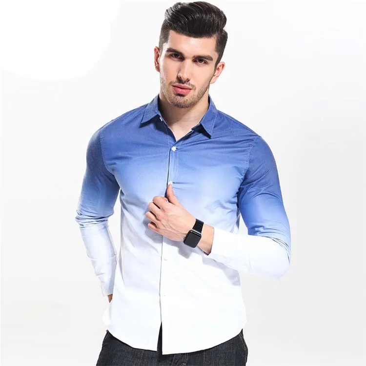 

2021 New Fashion Wholesale t shirt men casual Blend Plain no Tuck men shirt long sleeve Chemise Gradation color shirt men