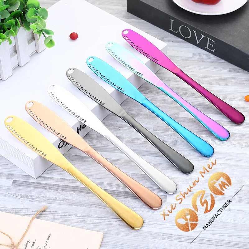 

Multi-function Dinner Knife Butter Spreader Stainless Steel Butter Knife for cold butter chocolate and soft cheese, Silver/gold/rose gold/rainbow/black/blue/purple
