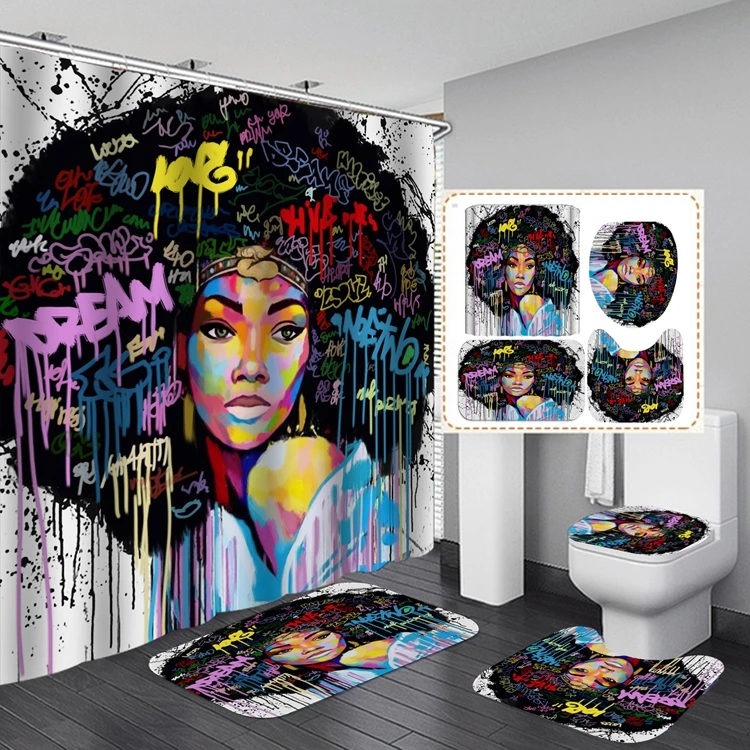 

African Women Shower Curtain 180*180, 3D Window Bathroom Curtain Set Shower