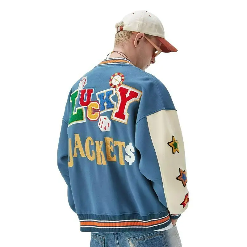 

350 Gsm Thick Fleece Cropped Men jackets With chenille embroidery Vintage baseball Jacket, Blue