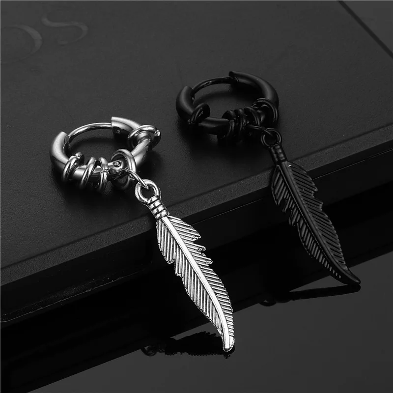 

1 piece Fashion Cross feather Stud Earrings Punk Rock Style For Women men High Quality Stainless steel Hiphop Ear Jewelry, Silver,gun black