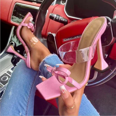 

Square toe ladies slippers transparent PVC high heels fashion bowknot slides sandals women dress party shoes women pumps shoes