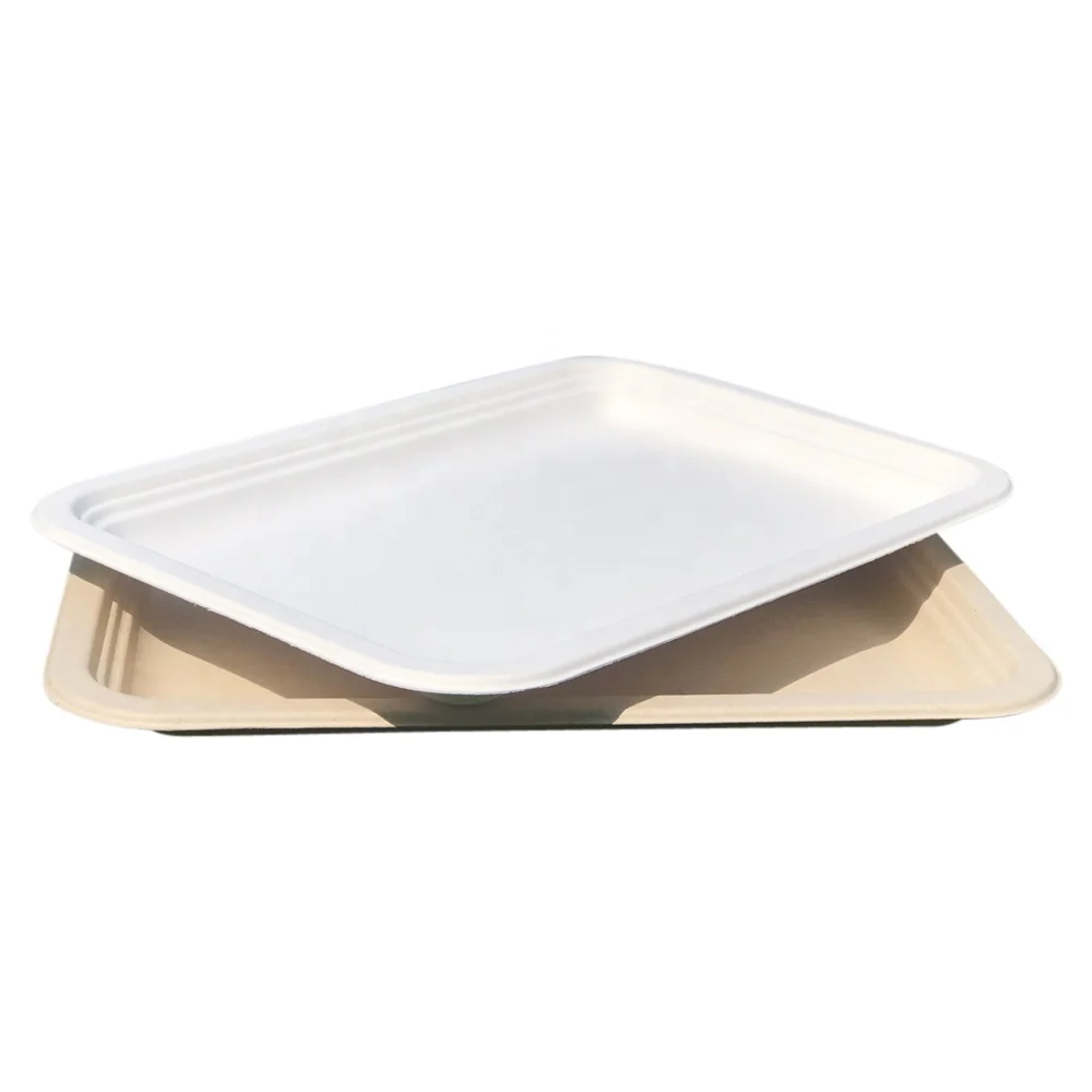 

Economical Custom Design Rectangle Disposable Biodegradable Food Container Sugarcane Bagasse Plate, White/ natrual