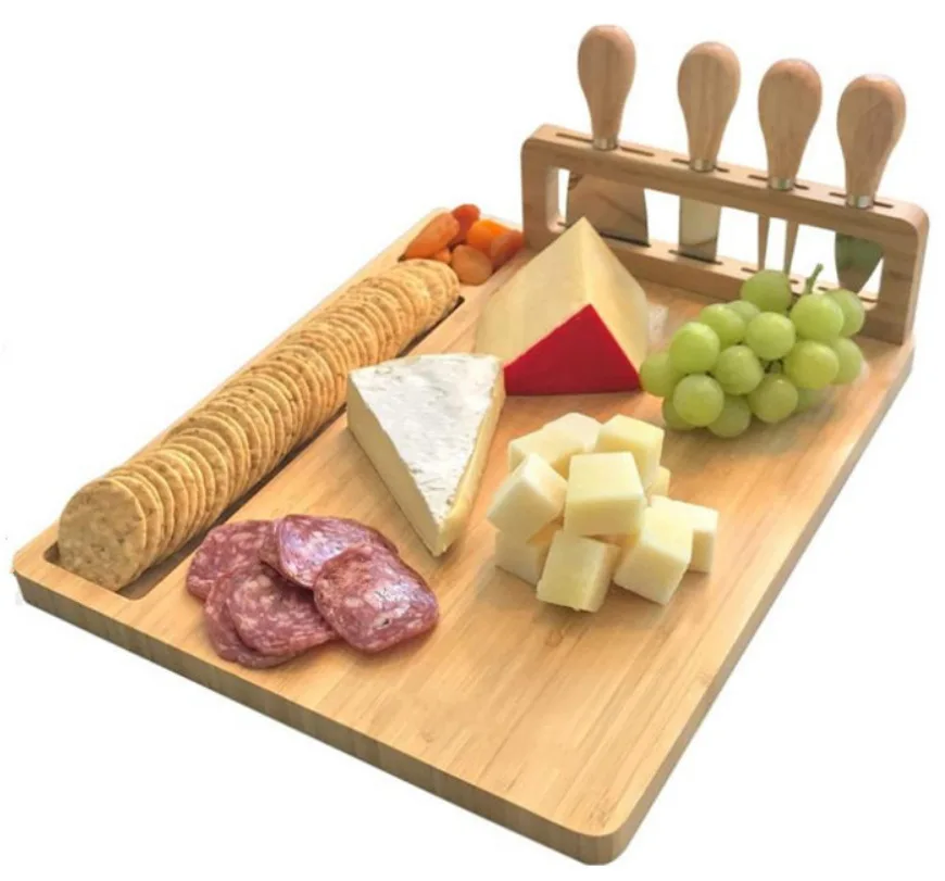 

Bamboo Cheese Board and Knife Set 14 x 11 inch Cheese Platter Board with Cutlery Set Cheese Board