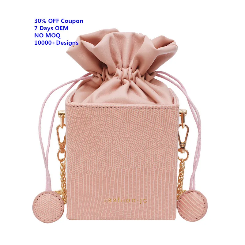 

2020 Stylish PU Leather Drawstring Bucket bag Designer Women's Handbag Chain Shoulder Mini Box Bag