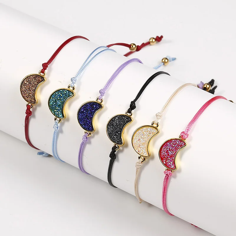 

Druzy Charm Bracelets for Woman Moon Shape Resin Stone Adjustable Braided Rope Bracelet Friendship Jewelry