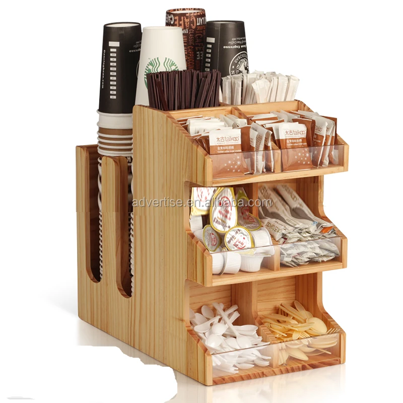 

factory pinewood straw sugar cover disposable paper cup shelf storage compartment coffee condiment organizer