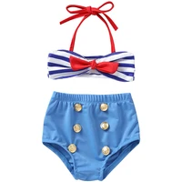 

2020 summer beautiful kids swimsuit blue striped bow sling little girl swimwear set