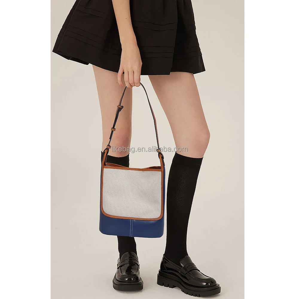 

LIKEBAG fashion retro contrast color canvas bucket bag new niche design large capacity messenger shoulder handbag for Ladies