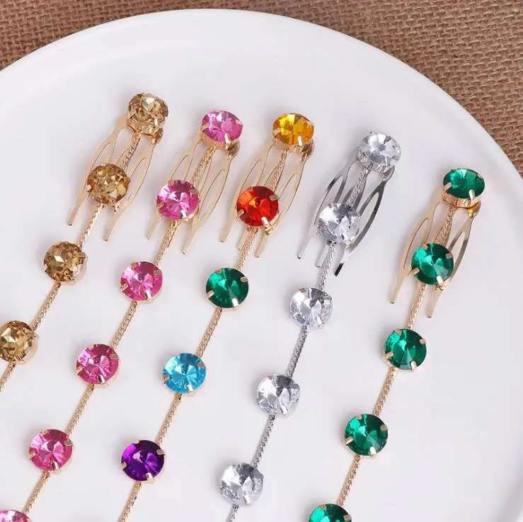 

wholesale 2020 newest multicolor rhinestone hair chain fashion women long crystal stone hair clip chain accessories, As picture