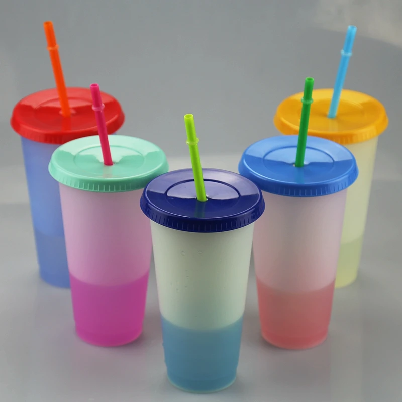 

710ml large capacity plastic cup set five-color white plastic color changing cup with colors lid straw Acrylic tumbler, 5 colors