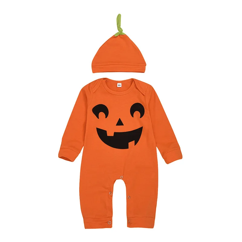 

Halloween Children's Clothing Newborn Jumpsuit Pumpkin Print Cotton Baby Romper And Hat 2-Piece, Picture