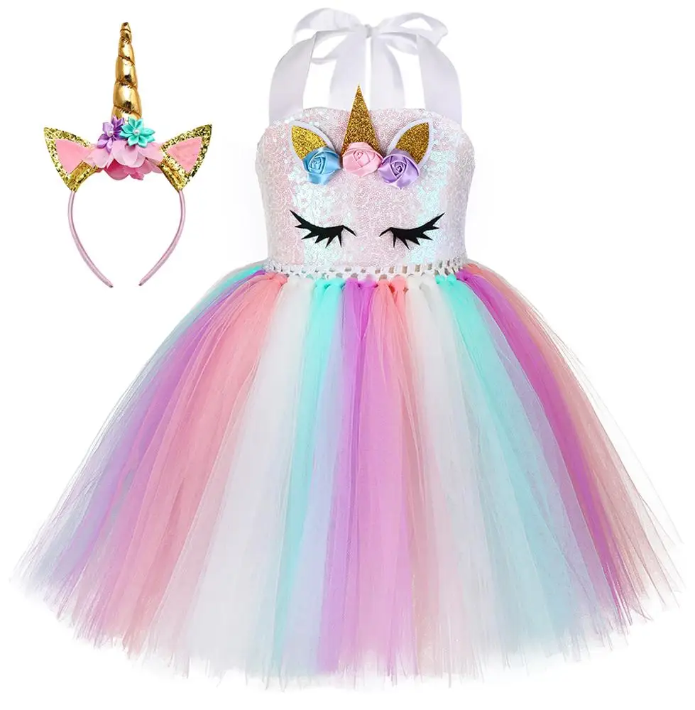 

OUHENG Beautiful Princess Children Clothing Wear Birthday Party Unicorn Horn Sequin Tutu Girl Dress For 2-12 Years