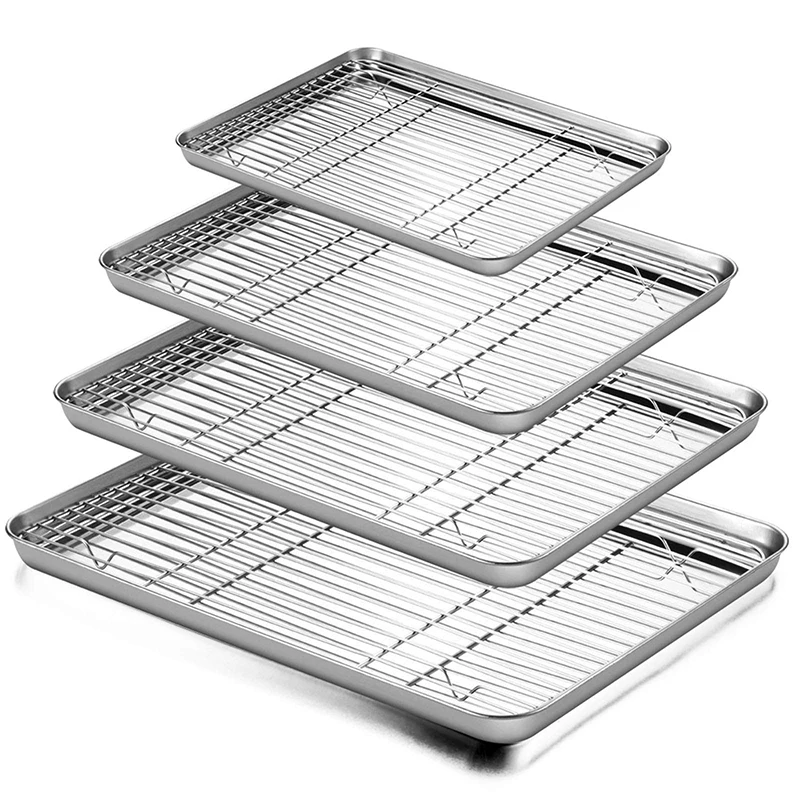 

304 stainless steel baking pan set cookie tray baking sheet with cooling rack set, Silver