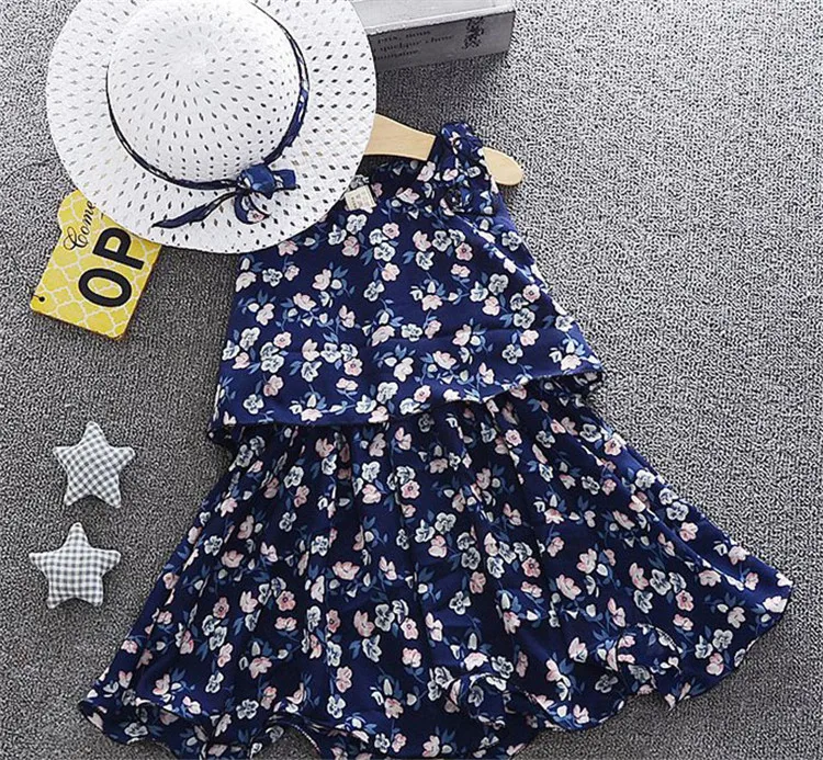 

Baby Girls Summer Floral Dresses Breathable Cute Toddler Girl Outfits Sleeveless Ruffle Chiffon Dress with Sun Hat Set, White, dark blue