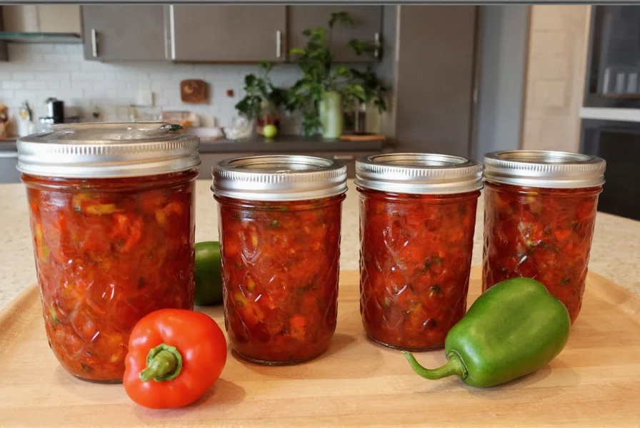 Fresh bell peppers, jalapeños, onions, garlic, and vinegar laid out on a cutting board