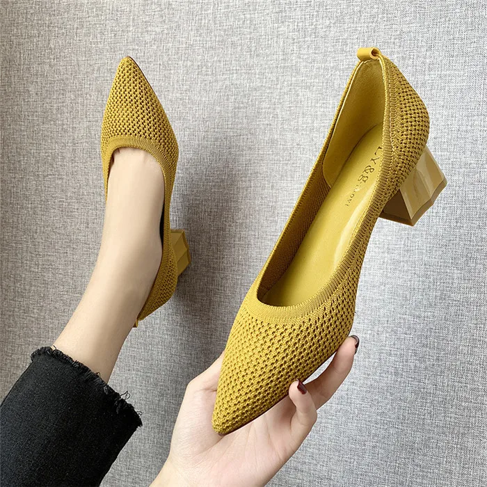 

Fashion high-heeled women's shallow work shoes cusp Square heel knitted women's single shoes, Yellow, black, khaki