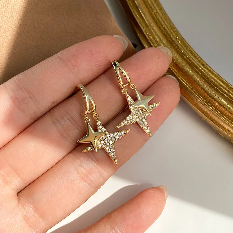 

Noble and Elegant Bling Sparkle Gold Stars Earrings Jewelry 925 Sterling Silver Needle Moon Stars Charm Drop Earrings, Pciture shows