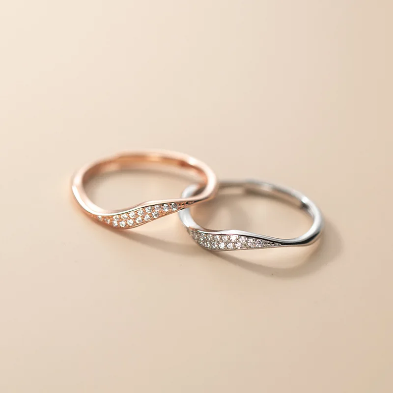 

Hot Selling Female Korean Version Ring Silver 925 And Rose Gold Ring Wave Line Zircon 925 Sterling Silver Ring