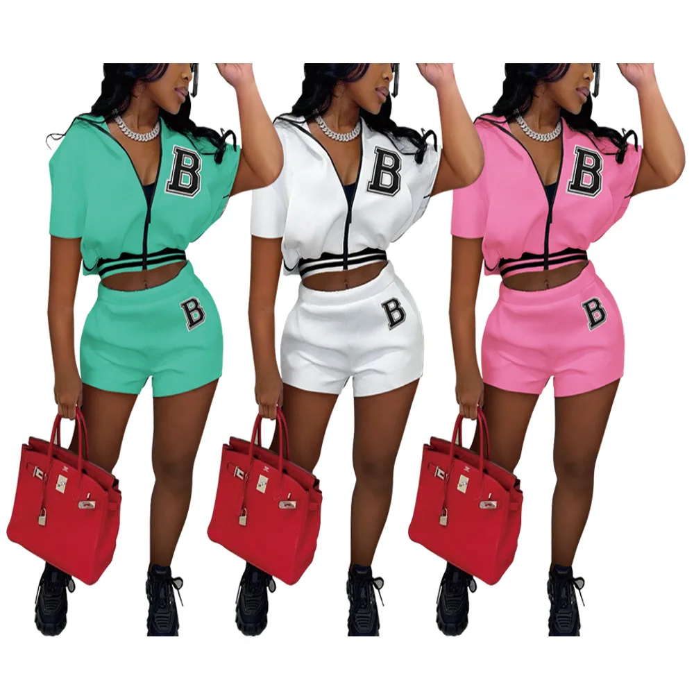 

summer printed letter biker short set crop top varsity baseball Jacket 2 piece shorts set women with suit jacket, Picture